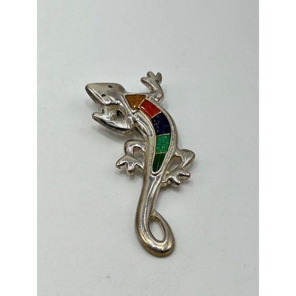 Carolyn Pollack Relios Sterling Silver Multistone Inlay Lizard Brooch Southwest - Picture 3 of 8
